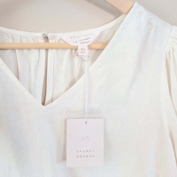 NWT Lauren Conrad Ivory Linen Blend Puff Sleeve V-Neck Top XS Vanilla Girl - Picture 11 of 11